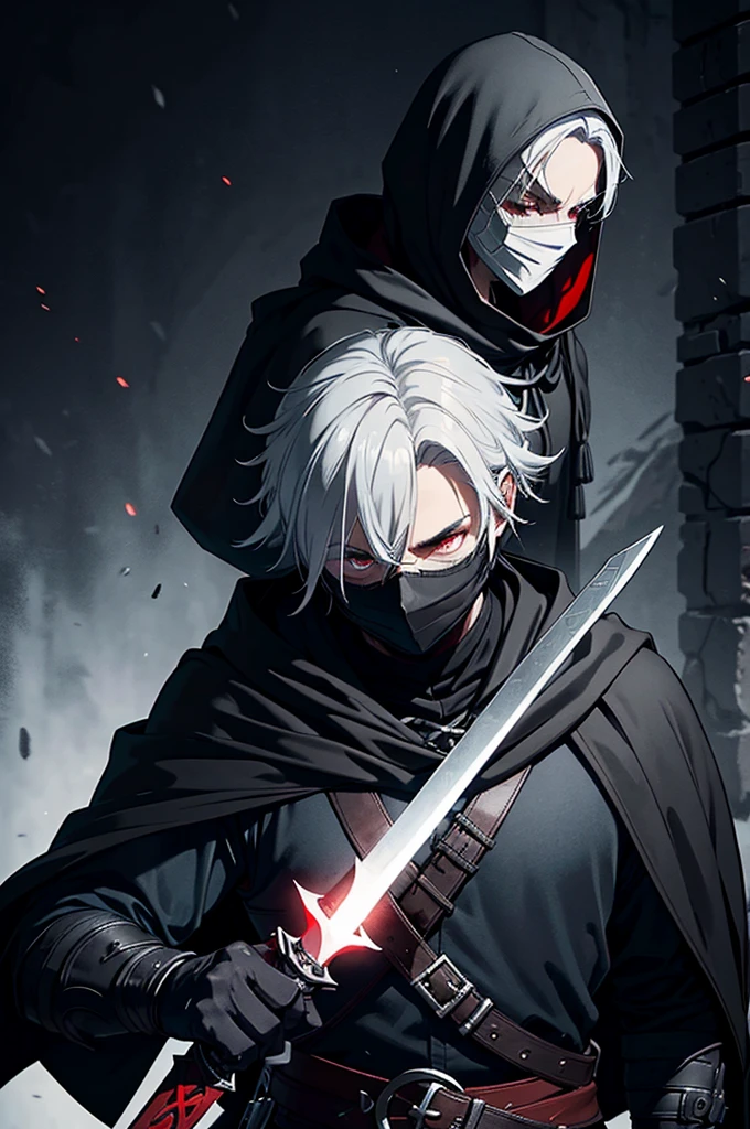 An assassin, male, fantasy character, physically strong, wearing a skull mask covering his face and eyes, dressed in black medieval attire, with a white hooded cloak over it, gray hair, short hair, red eyes, holding a dagger, nighttime background.