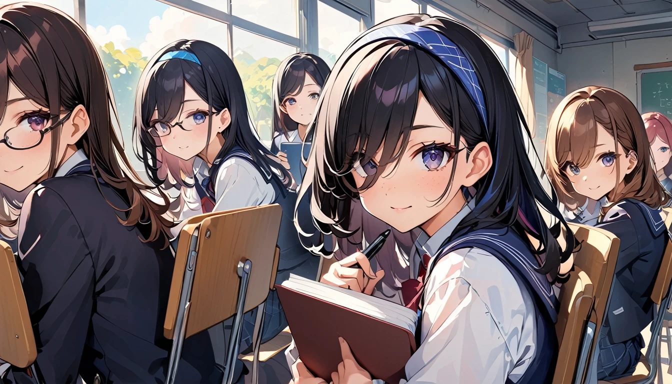 ((((School、During class、classroom)))、、middle School girls、((((((Sit in a chair and take a class、I have a pen、Notebooks and textbooks、)))))(((Serious face、Future outlook、Slender body)))、、Low length、((((((Eyes hidden by long bangs:1.2))))))、((([(freckles、Long black hair:1.2　hair band))))(((( Black-rimmed glasses:1.2　black eye)))、Side view、,Official Art、High resolution、Hyper Detail、[Angle from below:0.7]Upper Body