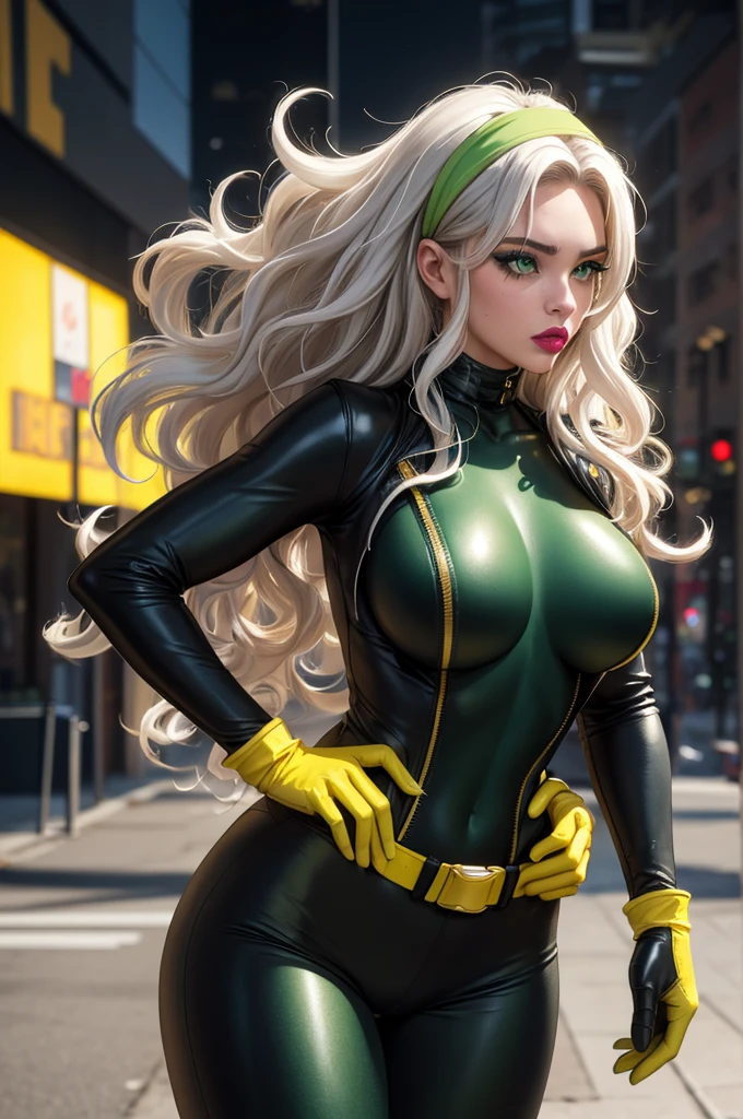 good anatomy, masterpiece, best quality, bokeh, depth of field, highres, high quality, 1girl,
CARTOON_X_MENs_Rogue,ownwaifu,
long hair,breasts,brown hair,green eyes,lipstick,makeup,lips,white hair,two-tone hair,headband,wavy hair,large breasts,messy hair,curly hair,big_hair,
yellow bodysuit,jacket,gloves,belt,yellow gloves,green bodysuit,bodysuit,multicolored bodysuit,superhero, skin tight,multicolored clothes,