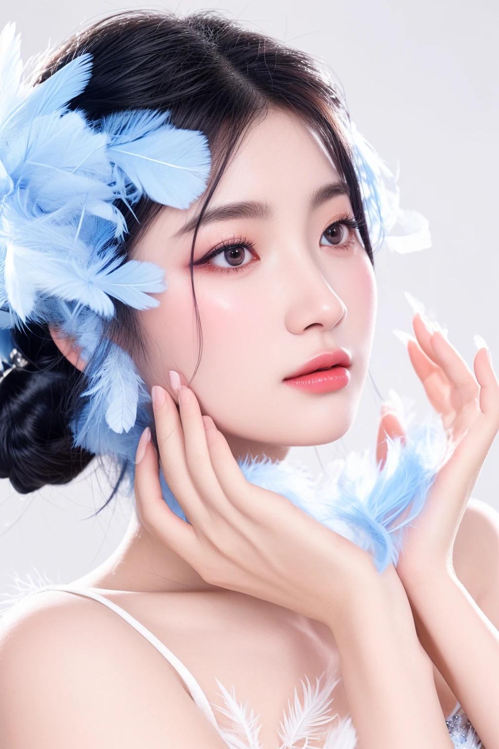 there is a woman with a blue feathered headpiece posing for a picture, popular south korean makeup, soft portrait shot 8 k, inspired by Mei Qing, girl with feathers, porcelain white skin, inspired by Jin Nong, inspired by Ai Xuan, with blue skin, inspired by Huang Ji, inspired by Lan Ying, portrait shot, porcelain looking skin