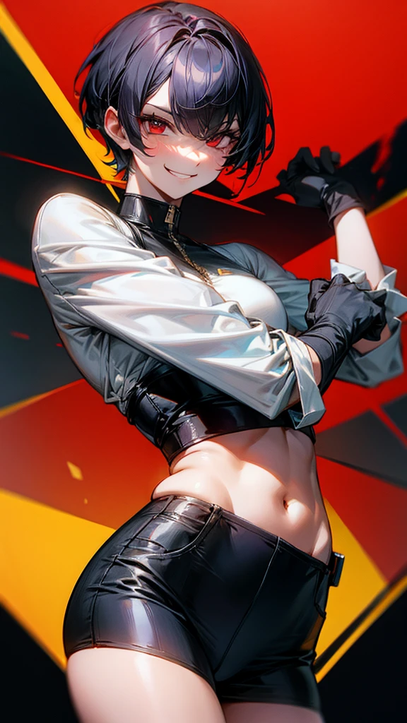Anime style, portrait of a Original Character, very sexy and provocative pose (avoid nsfw productions), perspective, pov from top, as she is siting in the camera, Volumetric Lighting, Best Shadows, Portrait Of Stunningly tomboy adult woman, muscular, strong Beautiful Attractive Face With serious lime green big Eyes, perfect Painted Face, Slim Eyebrows, Broadly Smiling, open mouth, sharp fangs showing, Lovely small Breasts, big earring, red lipstick, long messy black Hair, Blush Eye shadow, simple Eyelashes, over sized modern clothes, angelic like features, Slim Waist, black pants, long withe jacket, With Buckle Belt, in a painter room, white light, paint things like brushes, canvas etc all around, (Four point light, Highest Quality, Amazing Details:1.25), (Solo:1.3), Brilliant Colorfull --s --aut