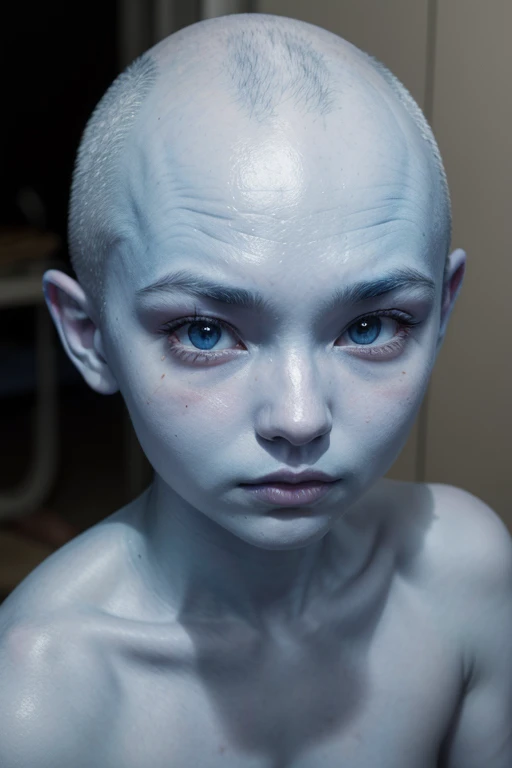 woman with blue skin without hair ears without eyebrows