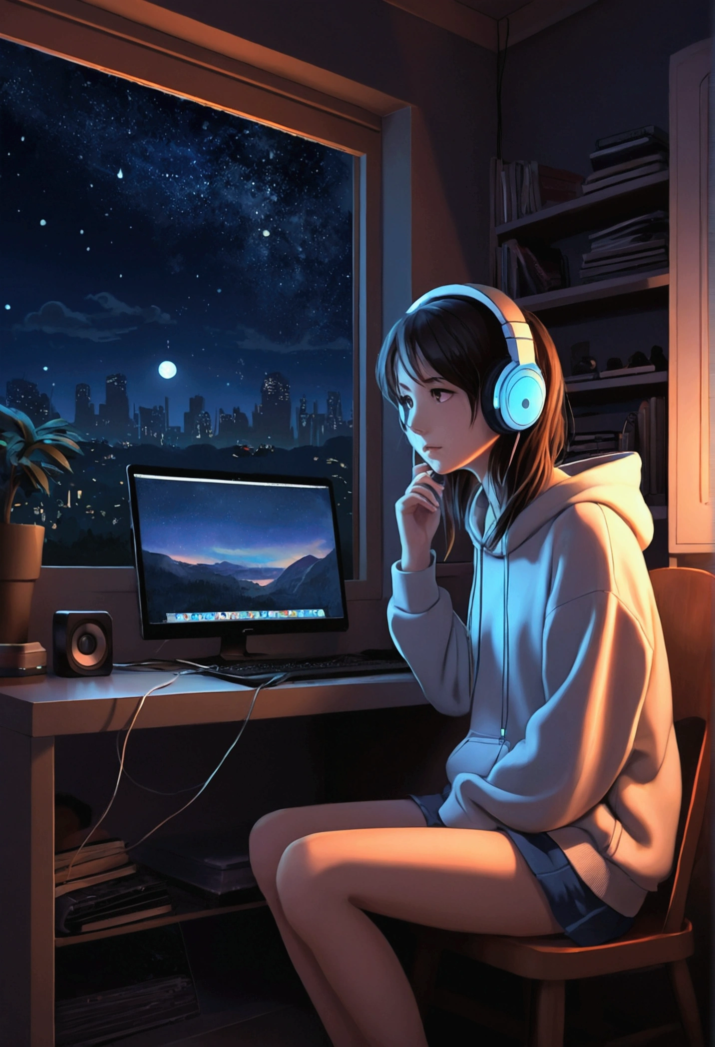 Girl listening to music in a cozy room at night, Wear headphones, anime 2D style, they be, Hard disk, kinda dark