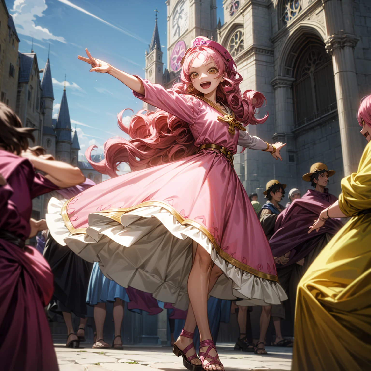 Solo character, full body version, young girl, long curly hair, pink colored hair, yellow eyes, open mouth, happy eyes, medieval outfit famele, sandals, town, carnival, skyblue, dancing gesture, (one piece style art), people,