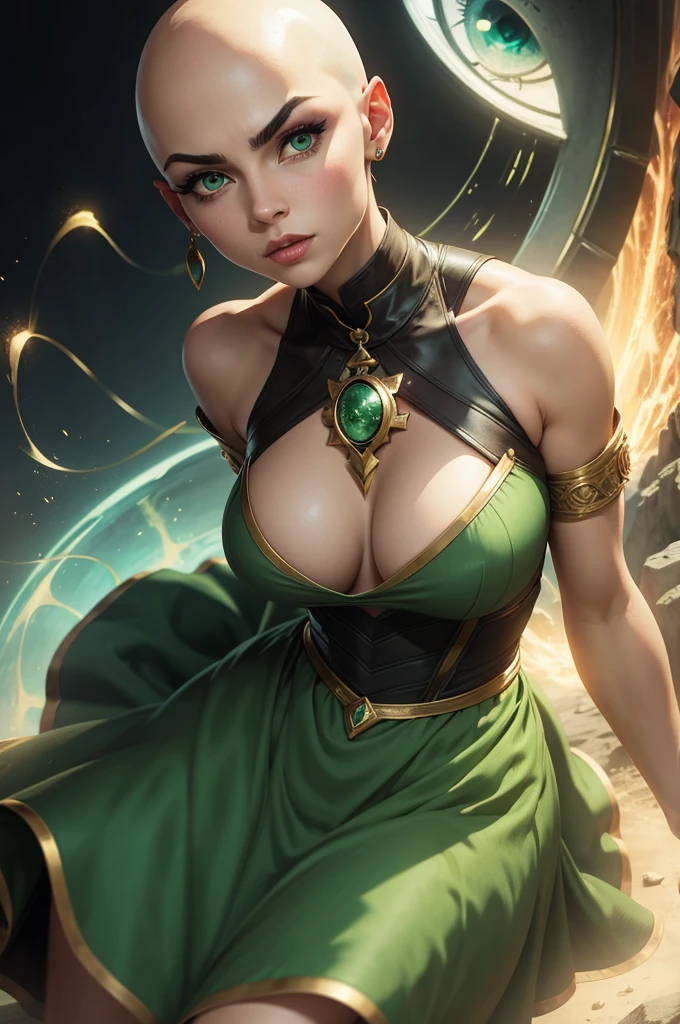 bald female character, women, green eyes, busty, dress, third eye in the middle of the eyebrows