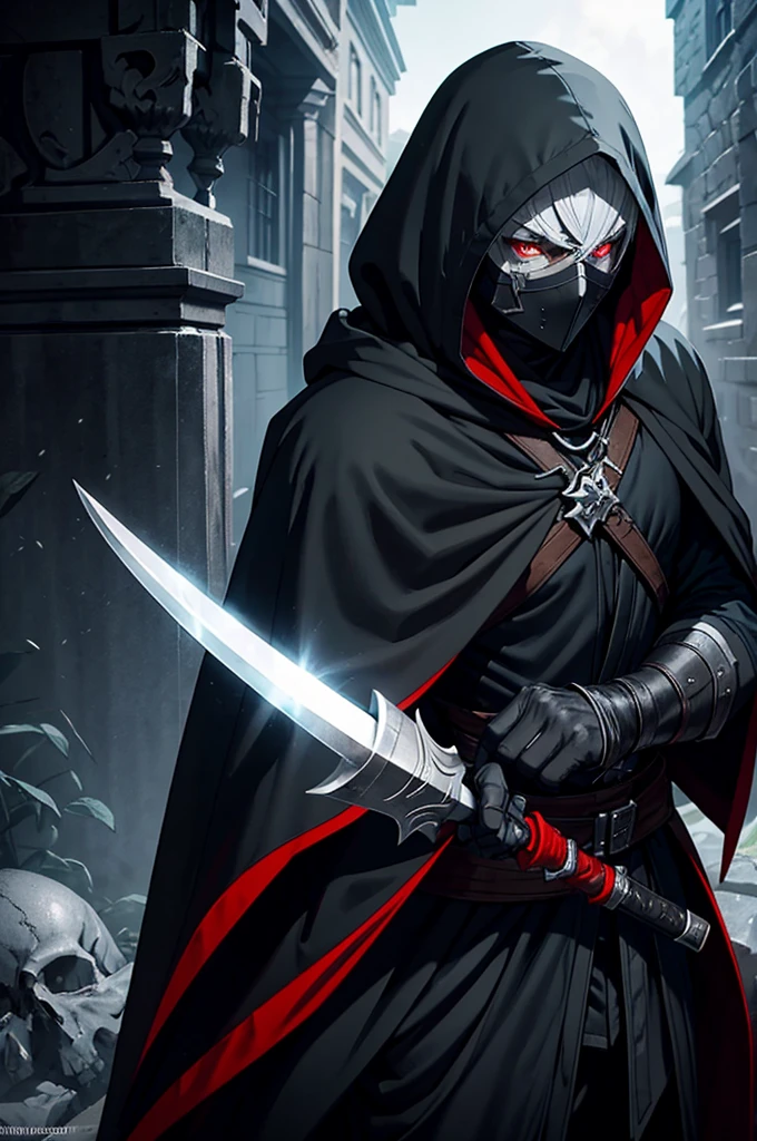 An assassin, male, fantasy character, physically strong, wearing a skull mask covering his face and eyes, dressed in black medieval attire, with a white hooded cloak over it, gray hair, short hair, red eyes, holding a dagger, nighttime background.