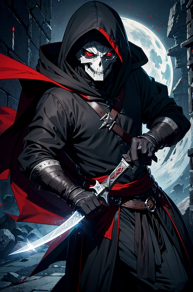 An assassin, male, fantasy character, physically strong, wearing a skull mask covering his face and eyes, dressed in black medieval attire, with a white hooded cloak over it, gray hair, short hair, red eyes, holding a dagger, nighttime background.