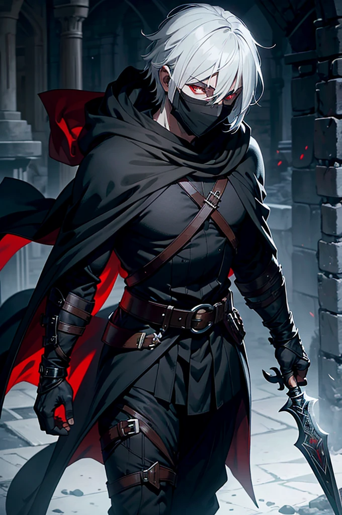 An assassin, male, fantasy character, physically strong, wearing a skull mask covering his face and eyes, dressed in black medieval attire, with a white hooded cloak over it, gray hair, short hair, red eyes, holding a dagger, nighttime background.