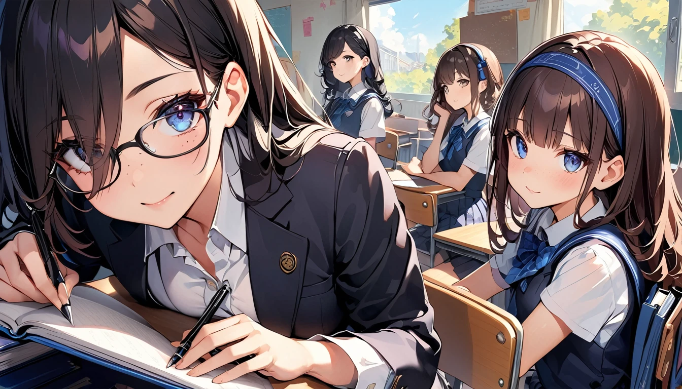 ((((School、During class、classroom)))、、middle School girls、((((((Sit in a chair and take a class、I have a pen、Notebooks and textbooks、)))))(((Serious face、Future outlook、Slender body)))、、Low length、((((((Eyes hidden by long bangs:1.2))))))、((([(freckles、Long black hair:1.2　hair band))))(((( Black-rimmed glasses:1.2　black eye)))、Side view、,Official Art、High resolution、Hyper Detail、[Angle from below:0.7]Upper Body
