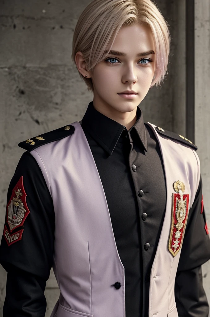 Calm 23 year old woman, Short Ash Blonde Hair, lilac eyes, His cheek is red from a blow and somewhat stained with blood., He wears a black military uniform that has Le Magasin embroidered on one arm.. anime art.