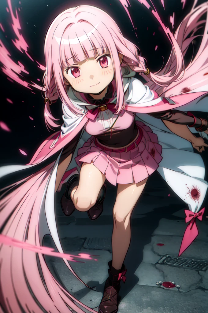 (1girl, solo), tamaki_iroha_puellamagimadokamagicasidestorymagiarecord, pink hair, (blunt bangs:1.5), (pink eyes:1.5), braid, sidelocks, long hair, (small breast:1.2), (white cloak, hooded cloak, bow,) looking at viewer, smile, blush, (blood, covered in blood, blood on arm, blood on face, blood on clothes, blood on hands, blood wet), jewelry, shoes, indoor, (masterpiece:1.2), best quality, high resolution, unity 8k wallpaper, (illustration:1.5), magical girl, anime style, anime coloring, (beautiful detailed eyes:1.6), extremely detailed face, perfect lighting, extremely detailed CG, (perfect hands, perfect anatomy), (dynamic pose, dynamic angle:1.1), (full body:1.2), (depth of field), quality focus, sharp focus, perfect composition, shaded face, modern warfare setting, ruined futuristic city in background, various colors, (details:1.2), colorful, shadow, scenery, intricate, caustics, wide shot, extremely detailed background,