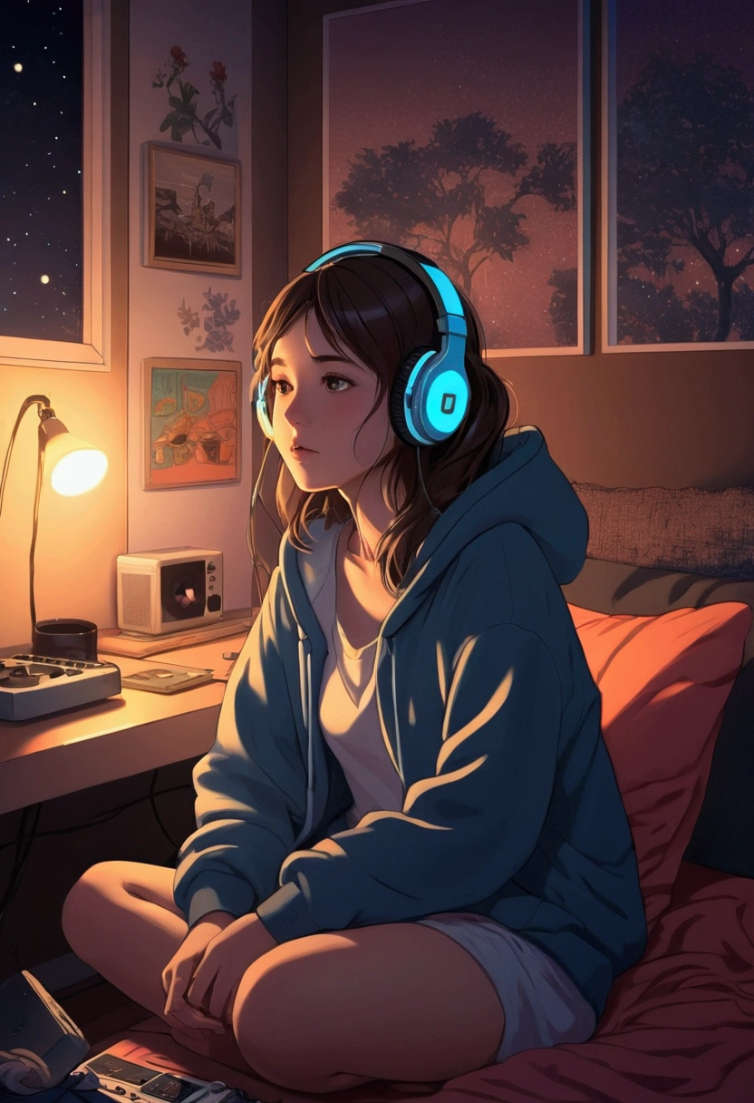 Girl listening to music in a cozy room at night, Wear headphones, anime 2D style, they be, Hard disk, Medium dark lofi