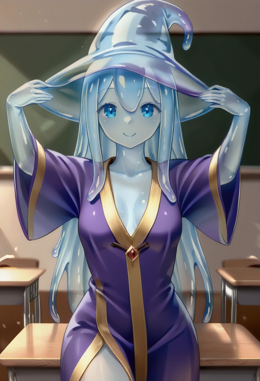 (slime girl), (slime skin), wizardslimus, (white skin color), 1girl, (transparent head:1.3), (transparent body:1.3), (transparent hair:1.3), (transparent face:1.3), (transparent:1.3), (masterpiece:1.2), best quality, high quality, absurdres, (hyper detailed), solo, clear face, (detailed cute eyes:1.2), blue eyes, long hair, clear blue hair, hair between eyes, (wizard robe:1.2), smile, open mouth, small breasts, sharp lines, high clarity, looking at viewer, cowboy shot, (detailed background, classroom:1.2), reaching arms up,