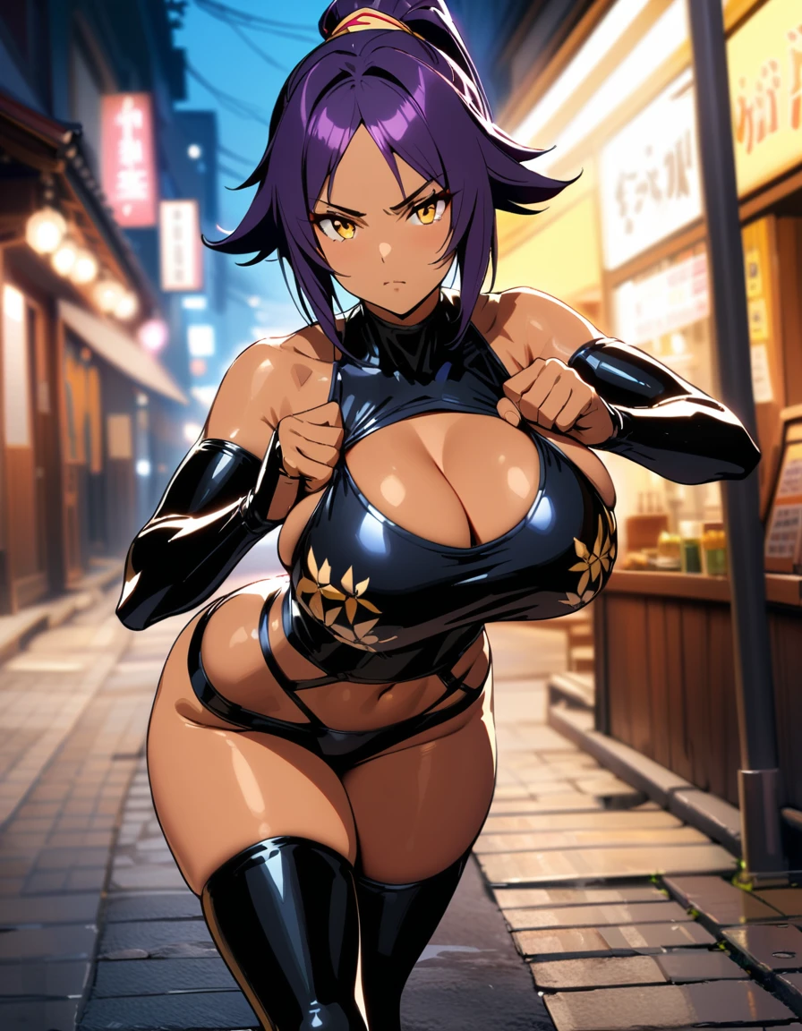 [[1girl,  \(Yoruichi Shihouin\), Yoruichi Shihouin]], beautiful detailed eyes, dark purple hair , Golden Colored eyes, curvy, large breasts, Mature, Serious , dark skin , big buttocks:1.5,(cleavage) , (breast hold), (sexy ninja apparel), fighting pose, (Full body shot), outdoors , Nighttime , On a mission ,dynamic angle, Highest quality, Super detailed, masterpiece, Ultra-high resolution, 8k