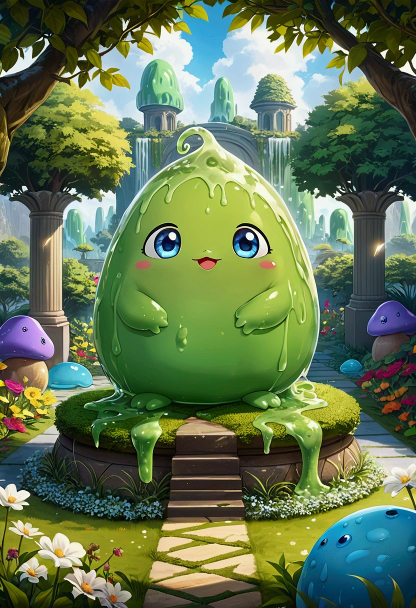 (cute Slime, fantasy creature), fantasy art, in a Vibrant garden, showing a peaceful and beautiful picture, full body, award-winning, cinematic still, emotional, vignette, dynamic, vivid, (masterpiece, best quality, photorealistic, Professional, perfect composition, very aesthetic, absurdres, ultra-detailed, intricate details:1.3)​