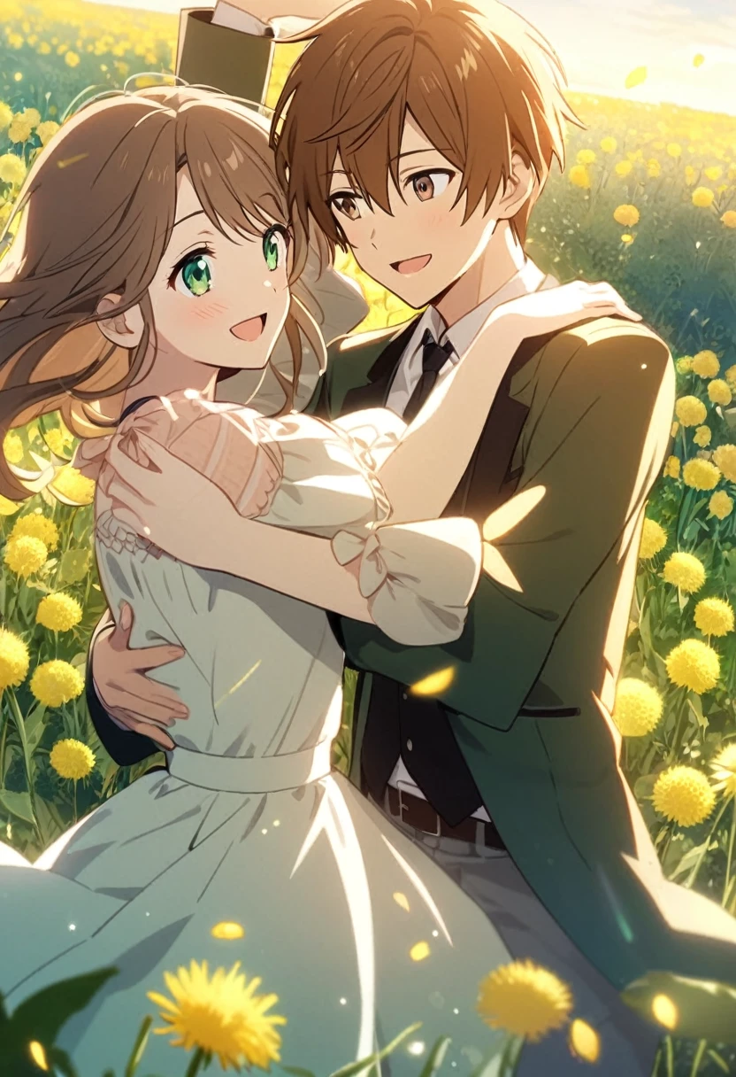anime, two people, one beautiful female with long brown hair with green eyes, the other person is a male with  brown hair and blueish gray eyes,, they are boyfriend and girlfriend, both smiling, in a field dandelions, dancing 