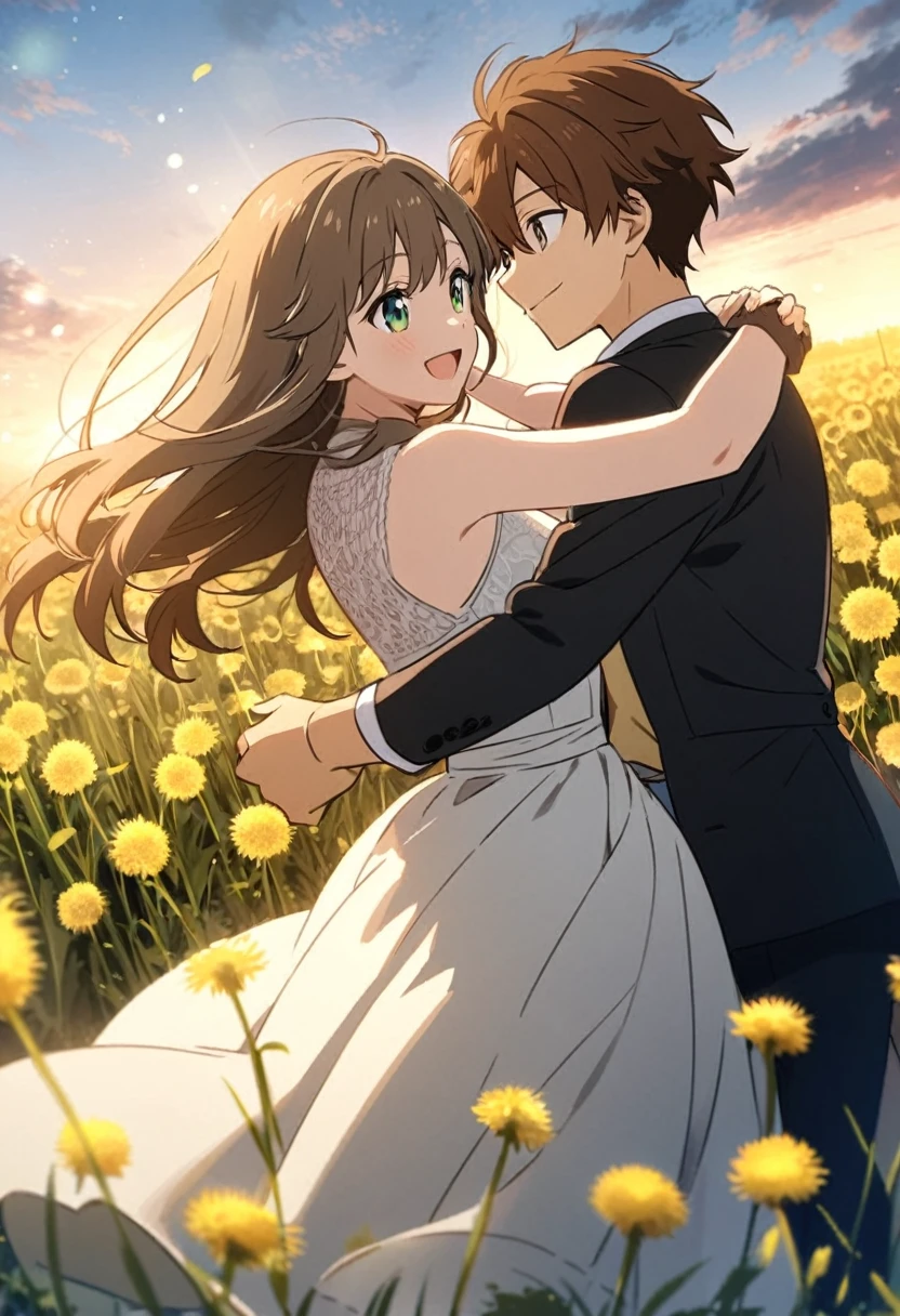 anime, two people, one beautiful female with long brown hair with green eyes, the other person is a male with  brown hair and blueish gray eyes,, they are boyfriend and girlfriend, both smiling, in a field dandelions, dancing 