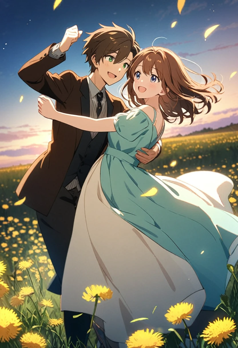 anime, two people, one beautiful female with long brown hair with green eyes, the other person is a male with  brown hair and blueish gray eyes,, they are boyfriend and girlfriend, both smiling, in a field dandelions, dancing 