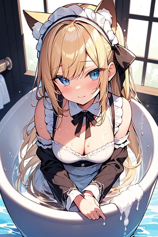 (Ultra high quality:1.6), (Highest quality:1.6), (Attention to detail:1.6), (Ultra-high resolution:1.6), (Detailed face:1.6), (Perfect Face:1,6), (Beautiful Eyes:1,6), (Detailed eyes:1.6), (Maid clothes, White apron, Headband, Black Dress, Blue ribbon, Maid clothes, Classic, Small breasts, Long:1.4), (白と黒のMaid clothes:1.6), (Blonde, Blue Eyes, Cat ear:1.5), cute, The best smile, Soaking wet, (Water droplets all over the body:1.4), (Covered in white foam:1.6), (Swimming in clothes, bathing, Bathroom, Longの浴槽:1.6), (relax, Relax in the bathtub:1.6), (Bathtub full of bubbles:1.6), (Maid clothesのまま浴槽へ:1.5), (White foam on clothes:1,5), (Soak in deep water:1.6), (Deep bubbly water:1.6), (Wash your body with your clothes on:1,4), (shampoo, Body Soap, sponge:1.3),