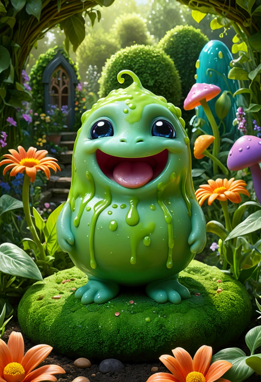 (cute Slime, fantasy creature), fantasy art, in a Vibrant garden, showing a peaceful and beautiful picture, full body, award-winning, cinematic still, emotional, vignette, dynamic, vivid, (masterpiece, best quality, photorealistic, Professional, perfect composition, very aesthetic, absurdres, ultra-detailed, intricate details:1.3)​