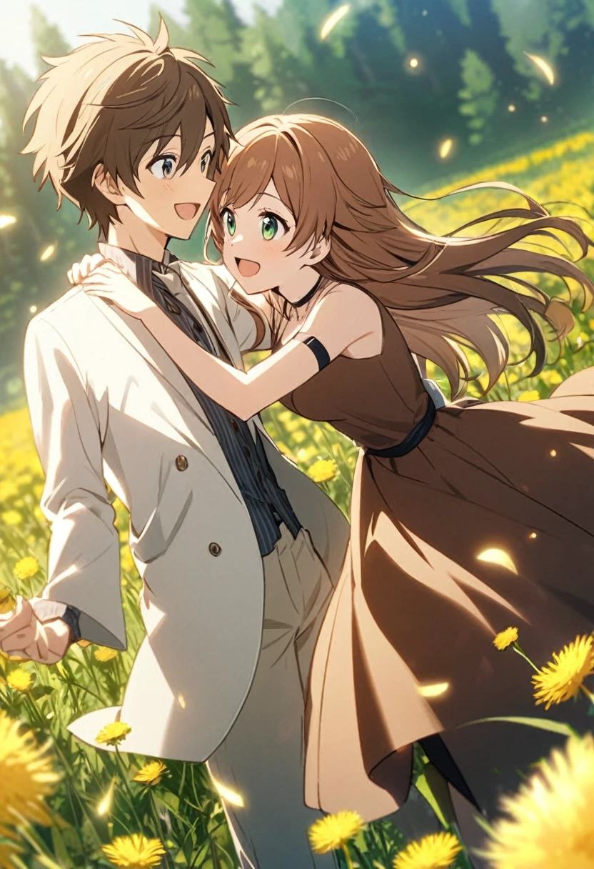 anime, two people, one beautiful female with long brown hair with green eyes, the other person is a male with brown hair and blueish gray eyes,, they are boyfriend and girlfriend, both smiling, in a field dandelions, dancing
