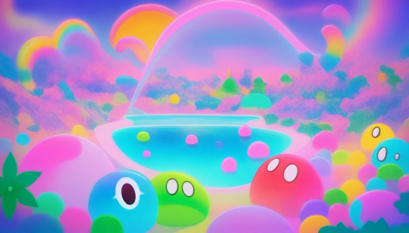 A vibrant 4k scene featuring a fantastical landscape of undulating hills made entirely of colorful slime, glowing in various neon hues under a twilight sky rfktrstyle. Playful slime creatures with expressive faces and whimsical features interact with oversized, glittering flowers made of gelatin rfktrstyle. The foreground displays a slime waterfall cascading into a sparkling pool, surrounded by lush, candy-colored foliage, all drawn in a blend of cartoonish and surreal art styles, reminiscent of both Dr. Seuss and contemporary digital art rfktrstyle.