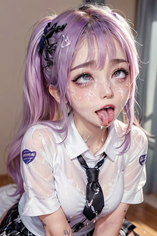 high quality, detailed,very wet,she is and junior High school girl wearing very very wet and very transparent short sleeve white shirt and purple tie,purple plaid skirt,(hair up,hair up)(wearing black overknee socks),a mole under the eye,(tounge out,tounge out tounge out),(blushing:1.4),the whole body,the whole body,tattoo,tattoo,(((cum on clothes:1.3))), (((cum on hair:1.3))), (((cum on face:1.3))),, ((((large amount of semen:1.3))))taken from the front