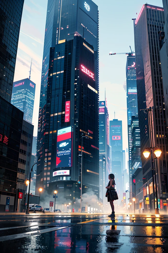 1girl, a 34 yo girl、Cyberpunk Boy、katanas,Tank tops、Whole body bloody、Overhead view of the composition、The beginning of the adventure、Lots of clouds,heavy fog、midnight,starrysky、Moon,Chaotic city of the future、Movie dystopia、A group of very tall skyscrapers stands in the center、Very complex cityscape,Crowded Chinese skyscrapers、street signs、streetlights、Pretty dim lighting、Dark road、puddles、Chaotic landscape、Beautiful and fantastic scenery、Cinematic scenery、hightquality、masutepiece,in 8K、hight resolution、best illustration,