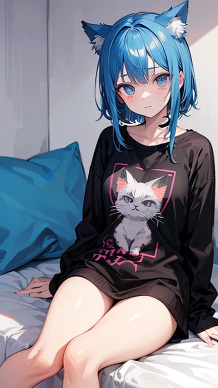Girl,Cat ear,Blue Hair,Blue Skin,bed,Anime Style,sit,Black striped clothing