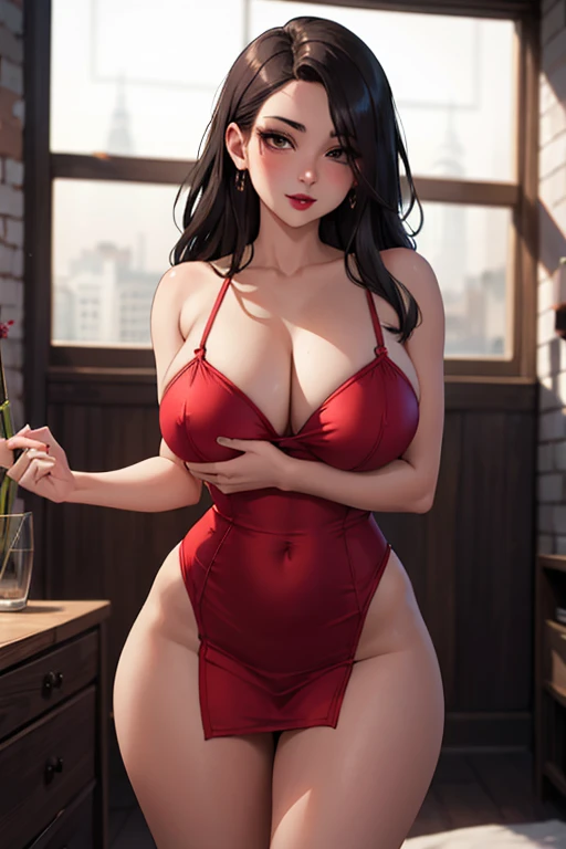 masterpiece, best quality, shadows, perfect hands, perfect legs, perfect anatomy, pretty face, mature features, 1 girl, 21 years old, MILF, succubus woman, red sexy dress, black lips, white long hair, thighs, ass, breast, seductive, spicy, posing, cinematography lights, dark naughty room background,