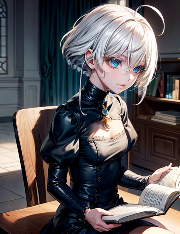 2B. Beautiful girl with white hair. Blue eyes. reading a book. She is in a school