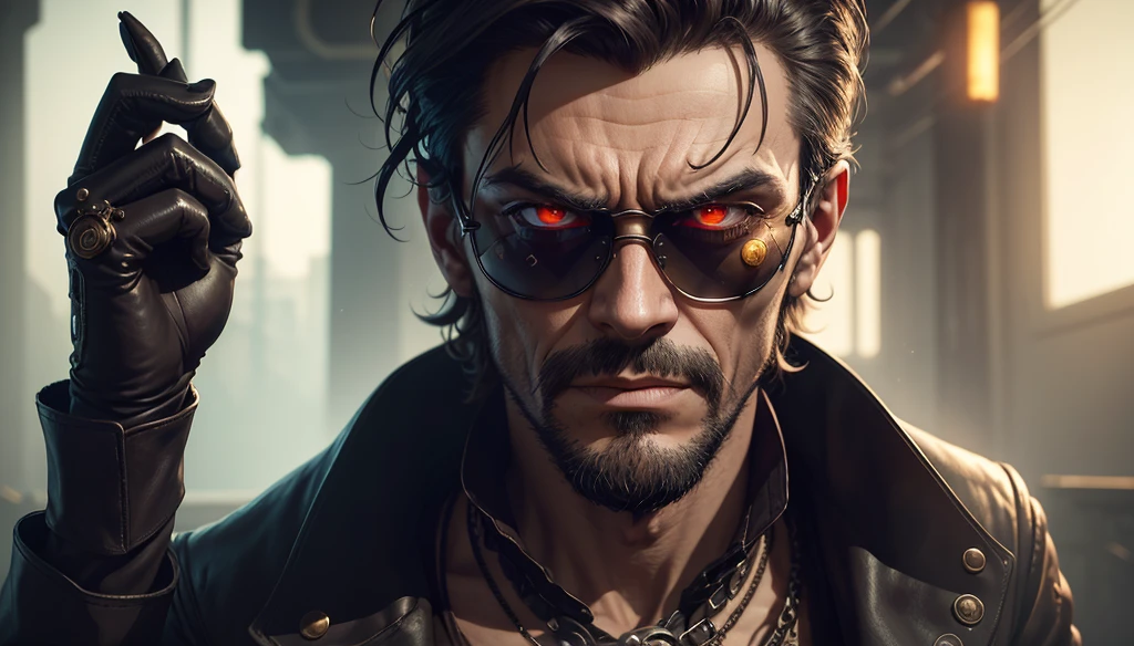 A high-quality, detailed cinematic film still in the style of cyberpunk and steampunk. Centered in this picture is an older evil scientist in his mysterious science lab. He is wearing a uniquely fashioned mask, his eyes are full of wrath and anger. Complementing his eerie presence, a pair of steampunk-styled sunglasses lays nearby. The background is filled with a blend of dark, moody colors creating an atmospheric, dramatic aura around him. He is working on creating an homunculus, a tiny humanoid figure, adding superficial depth to the image. The image features the aesthetics of a granular, grainy film, color graded and post-processed to perfection, enhancing its cinematic scope and making it a frame worthy of being regarded as a masterpiece.