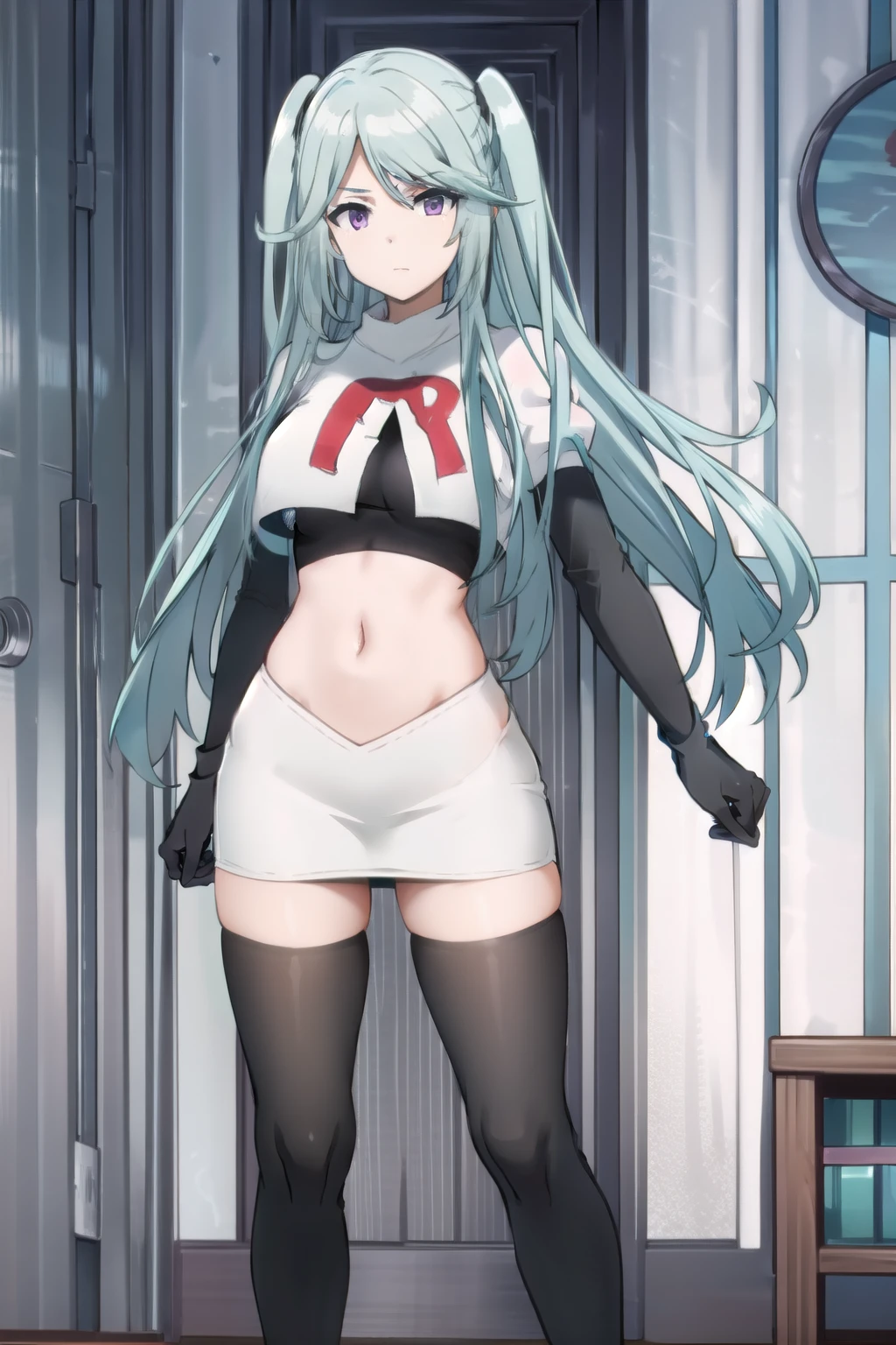 tall body, tall, long legs, mature female, mature, adult, simple background,
eft_eminence_epil, 1girl, twintails, purple eyes, long hair, looking at viewer, solo focus, bangs, blue hair, indoors, very long hair, breasts, sidelocks, team rocket,team rocket uniform,white skirt,red letter R,crop top,black thigh-highs,black elbow gloves
