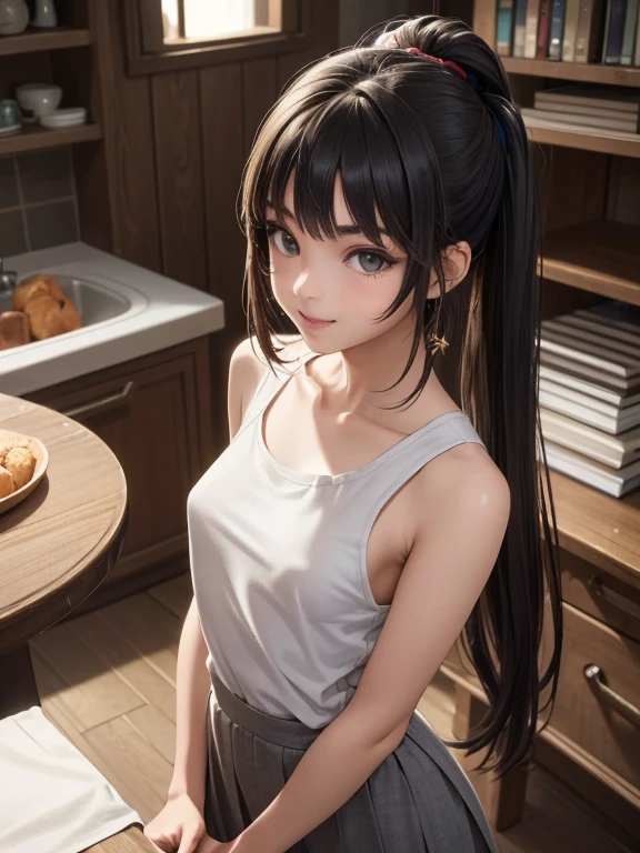 (masterpiece、top quality、top quality、official art、Nice and beautiful:1.2)、(one cute 18 year old girl with very very small beautiful breasts:1.3), beautiful proportional boyish straight figure with a narrow pelvis; shoulder length brown shaggy hair; beautiful realistic brown eyes, big and expressive, (Best quality, masterpiece),  upper body, She has a beautiful small wide proportional nose and soft tasty lips., nice smile. Slim boy physique, She is wearing a gray cotton T-shirt and a wool maxi skirt., modest image of an excellent librarian; In the kitchen of the women&#39;s student dormitory in the morning, high quality textures of realistic human skin, Beautiful realistic face, proportionate slim physique, 