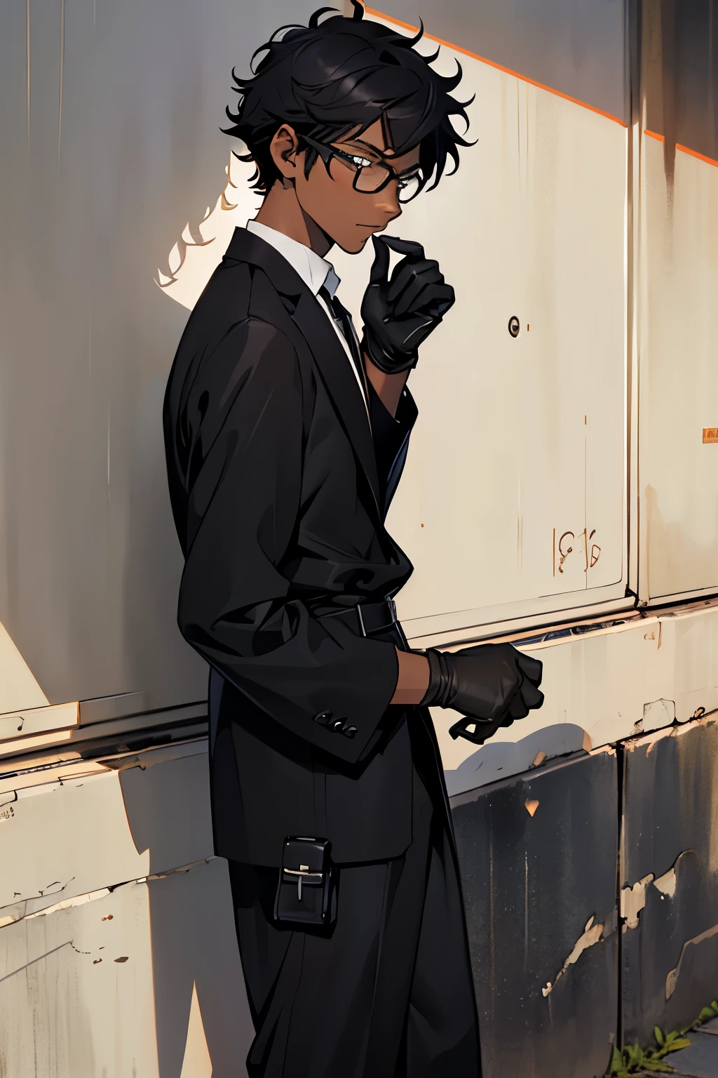 ((detailded)), ((anime work)), ((Youngh)), 1 , very thin, dark-skinned, wear glasses, short curly hair, black gloves on hands, Dark clothes