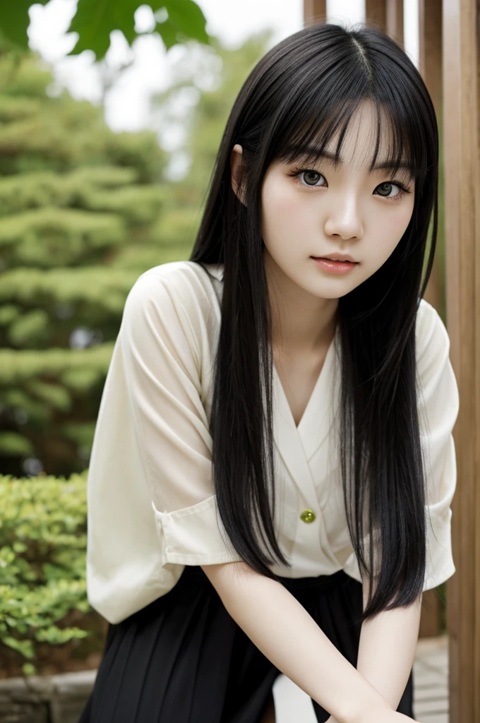 Young Japanese woman with black hair, green eyes, pale skin, pretty features
