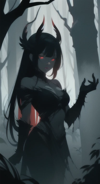 Foggy Forest, ancient female creature, demonic silhouette, fairy shadow figure, red eyes, eyes in the fog, rotting, looking dead, torn wings,