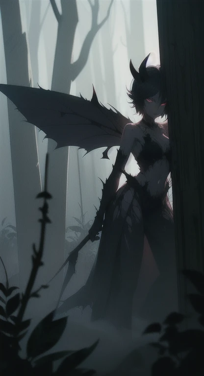 Foggy Forest, ancient female creature, demonic silhouette, fairy shadow figure, red eyes, eyes in the fog, rotting, looking dead, torn wings,
