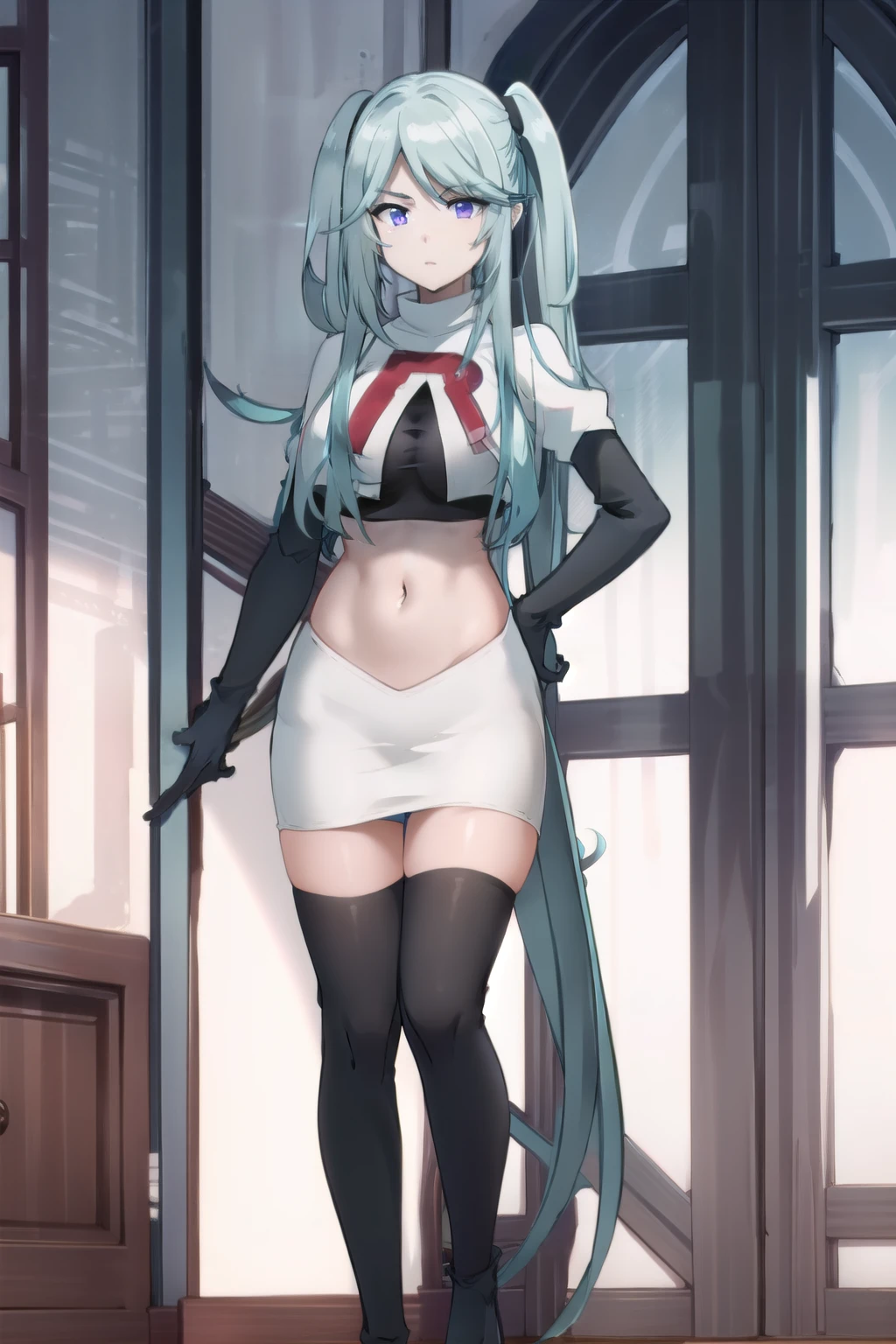 tall body, tall, long legs, mature female, mature, adult, simple background,
eft_eminence_epil, 1girl, twintails, purple eyes, long hair, looking at viewer, solo focus, bangs, blue hair, indoors, very long hair, breasts, sidelocks, team rocket,team rocket uniform,white skirt,red letter R,crop top,black thigh-highs,black elbow gloves