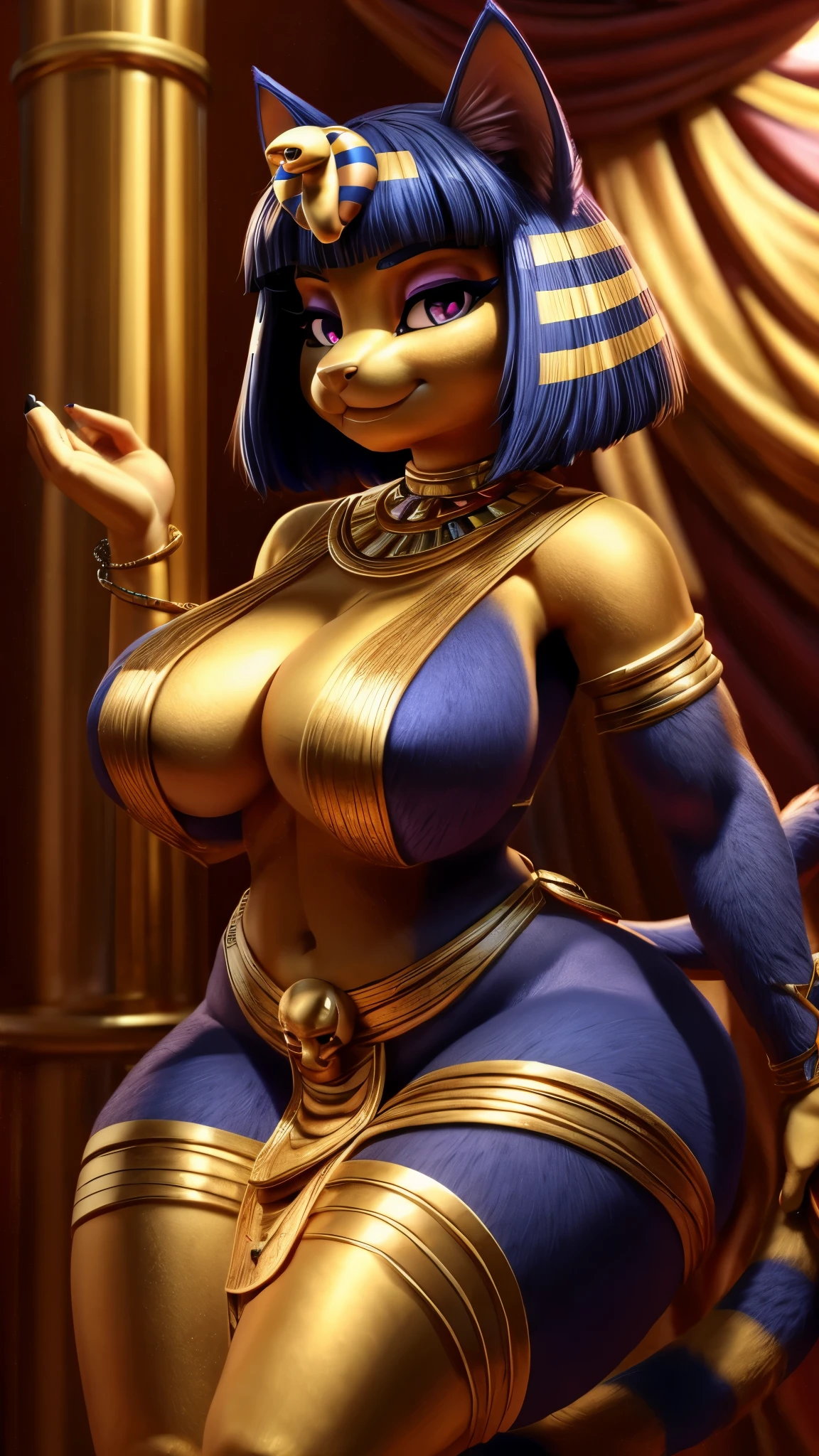 Skye from Paw Patrol, anthro, mature adult, as a cat, Ankha outfit, magenta eyes, giantess, curvy, detailed, solo, beautiful, high quality, 4K