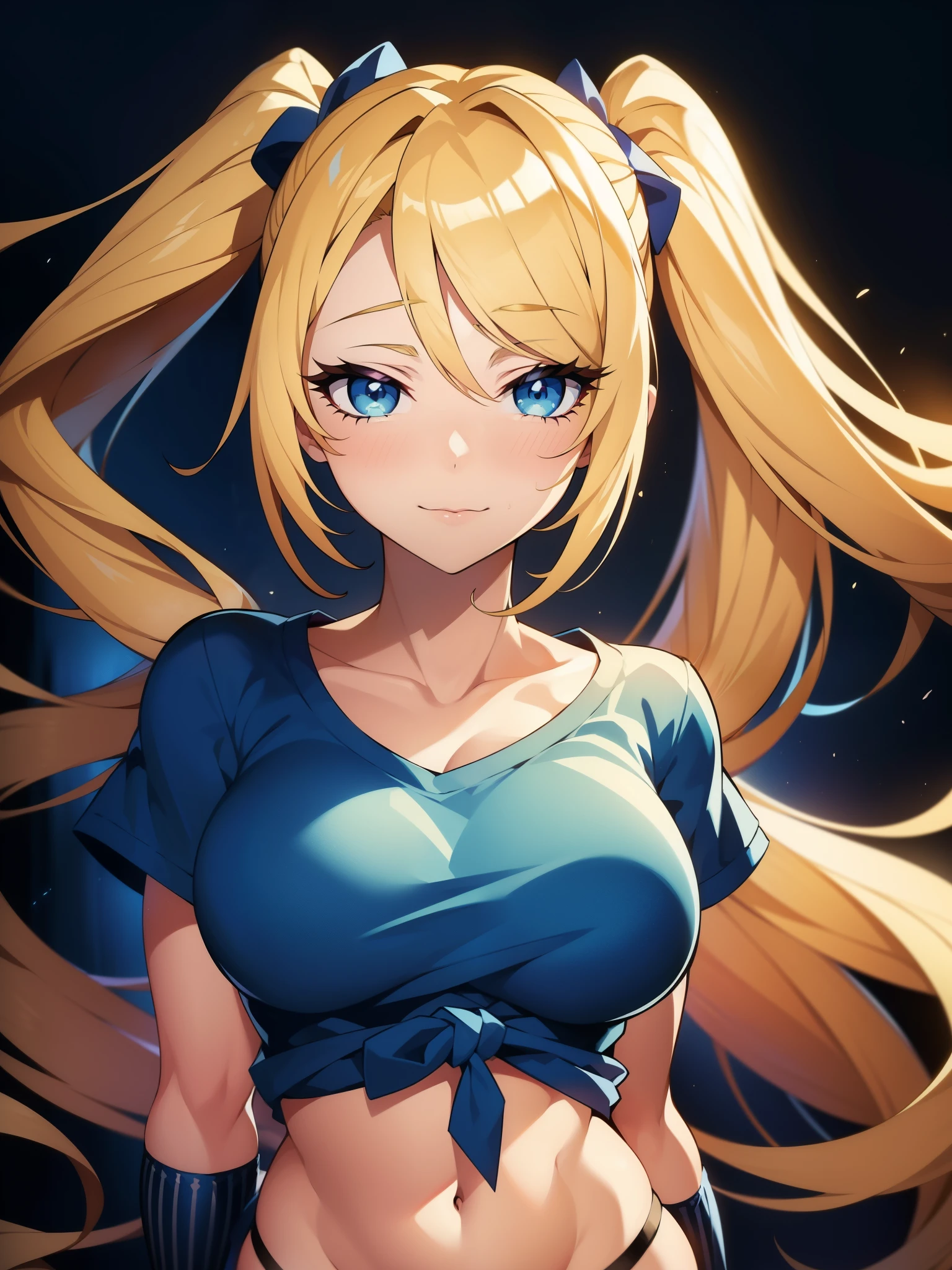 1girl, solo, portrait of a woman with blonde hair, long flowing pigtails, wearing a blue shirt, wearing a t-shirt, shirt tied in a shirt knot, exposed navel, anime illustration, anime girls, vivid colors, detailed facial features, dramatic lighting, digital painting, trending on ArtStation
