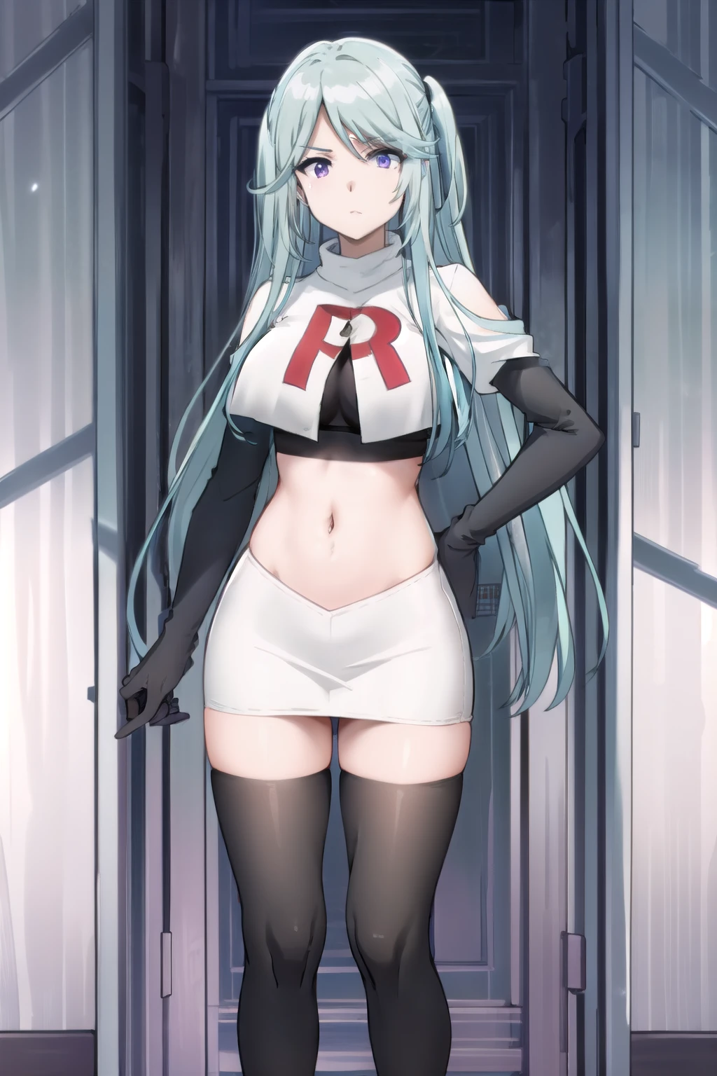 tall body, tall, long legs, mature female, mature, adult, simple background,
eft_eminence_epil, 1girl, twintails, purple eyes, long hair, looking at viewer, solo focus, bangs, blue hair, indoors, very long hair, breasts, sidelocks, team rocket,team rocket uniform,white skirt,red letter R,crop top,black thigh-highs,black elbow gloves