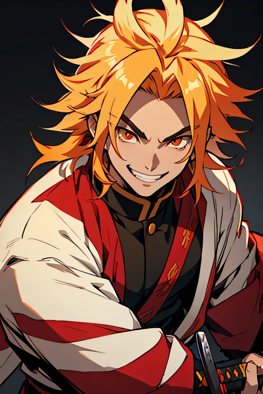 white young man, blonde hair with red highlights, orange eyes, rengoku eyebrows, smile, demon slayer uniform, katana, pride smile, medium hair, messy hair