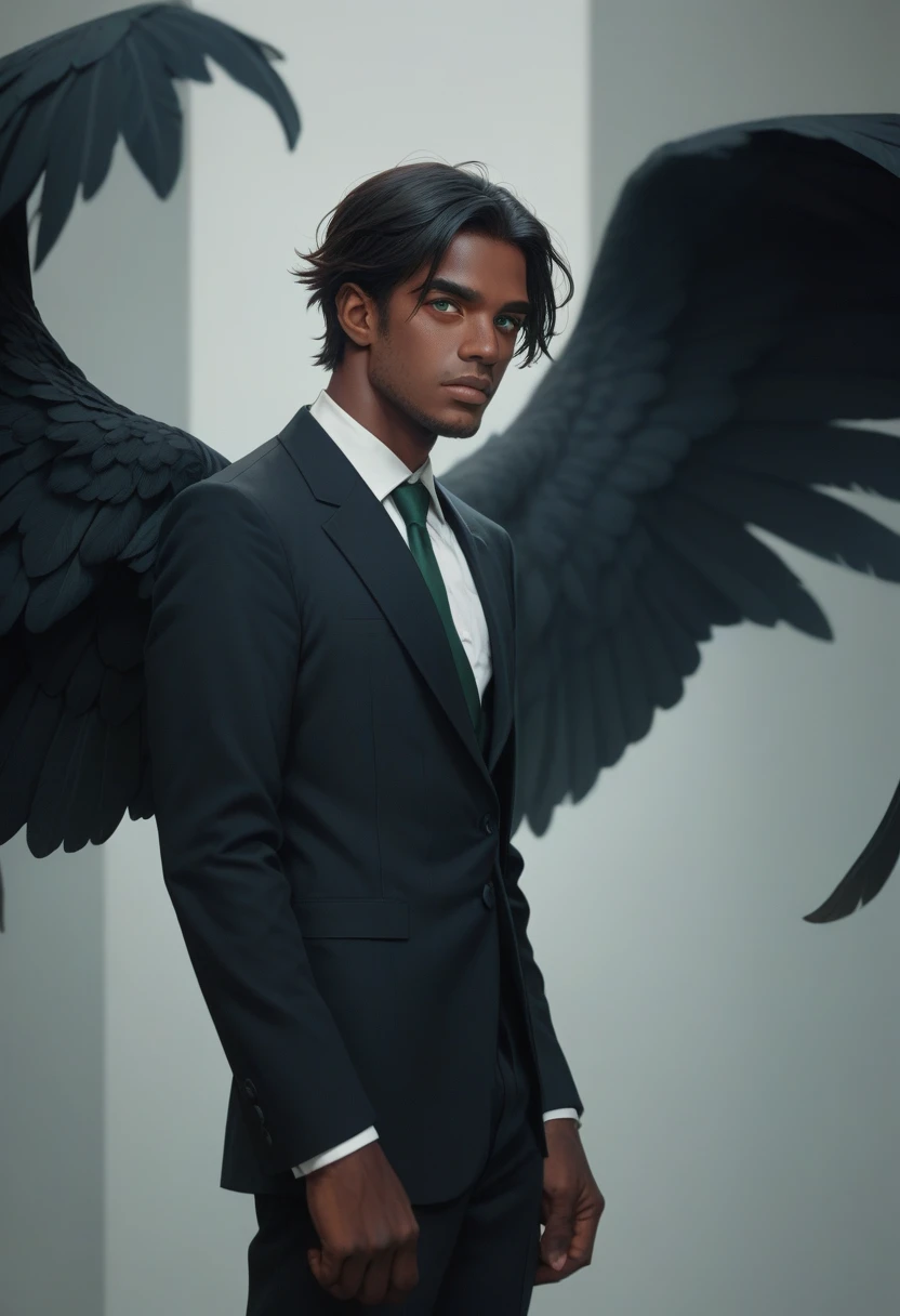 A dark man with green eyes, low hair with calm face, with wings and all black suit