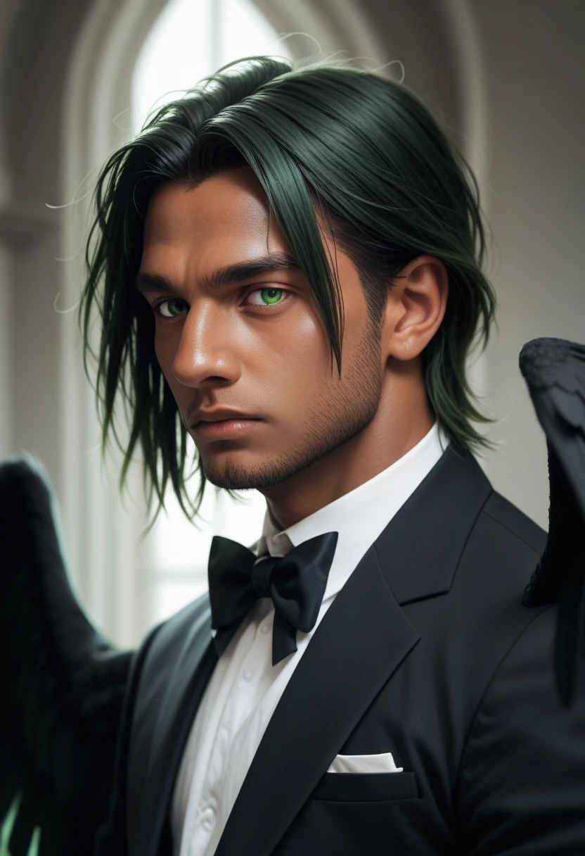 A dark man with green eyes, low hair with calm face, with wings and all black suit 