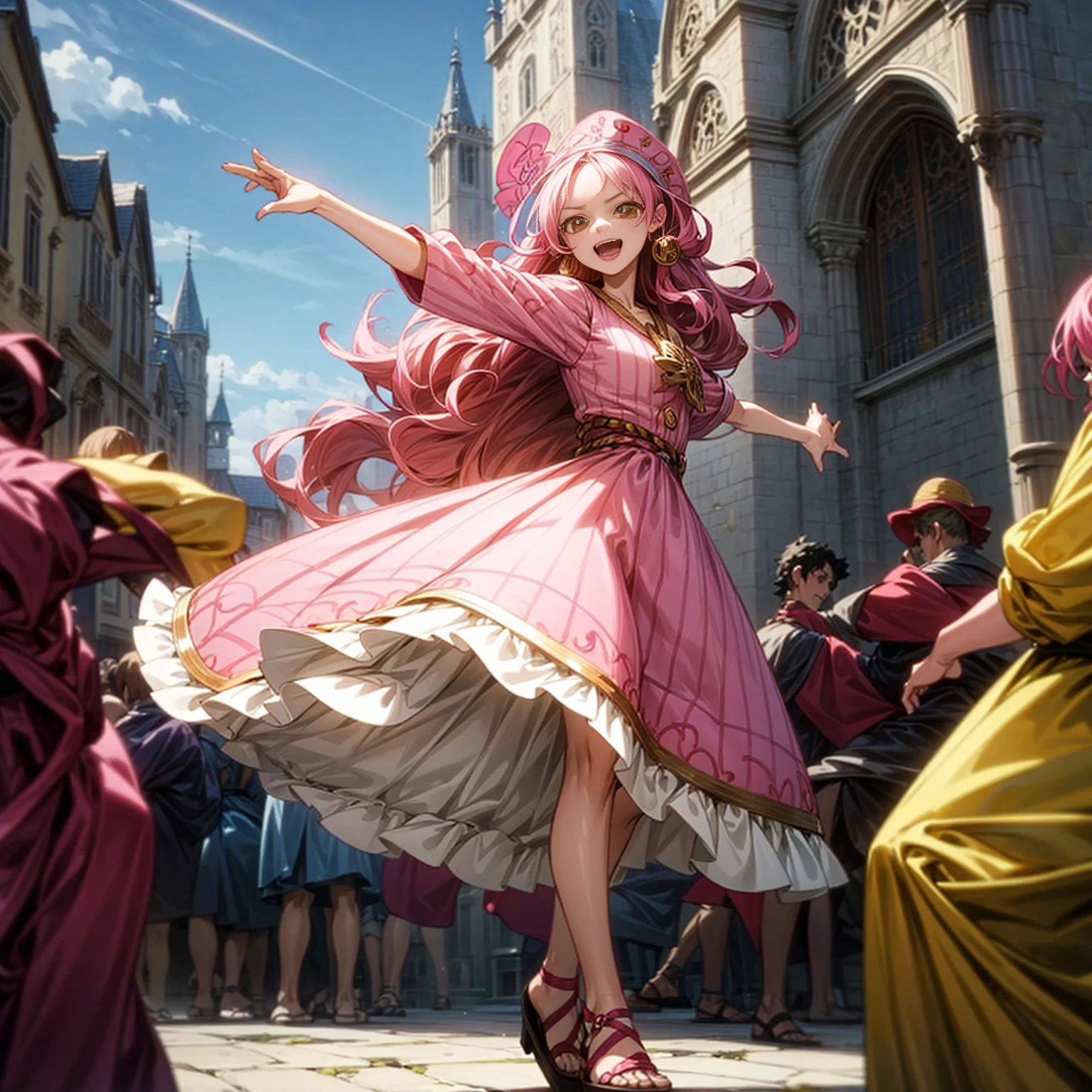 Solo character, full body version, young girl, long curly hair, pink colored hair, yellow eyes, open mouth, happy eyes, medieval outfit famele, sandals, town, carnival, skyblue, dancing gesture, (one piece style art), people, motion blur