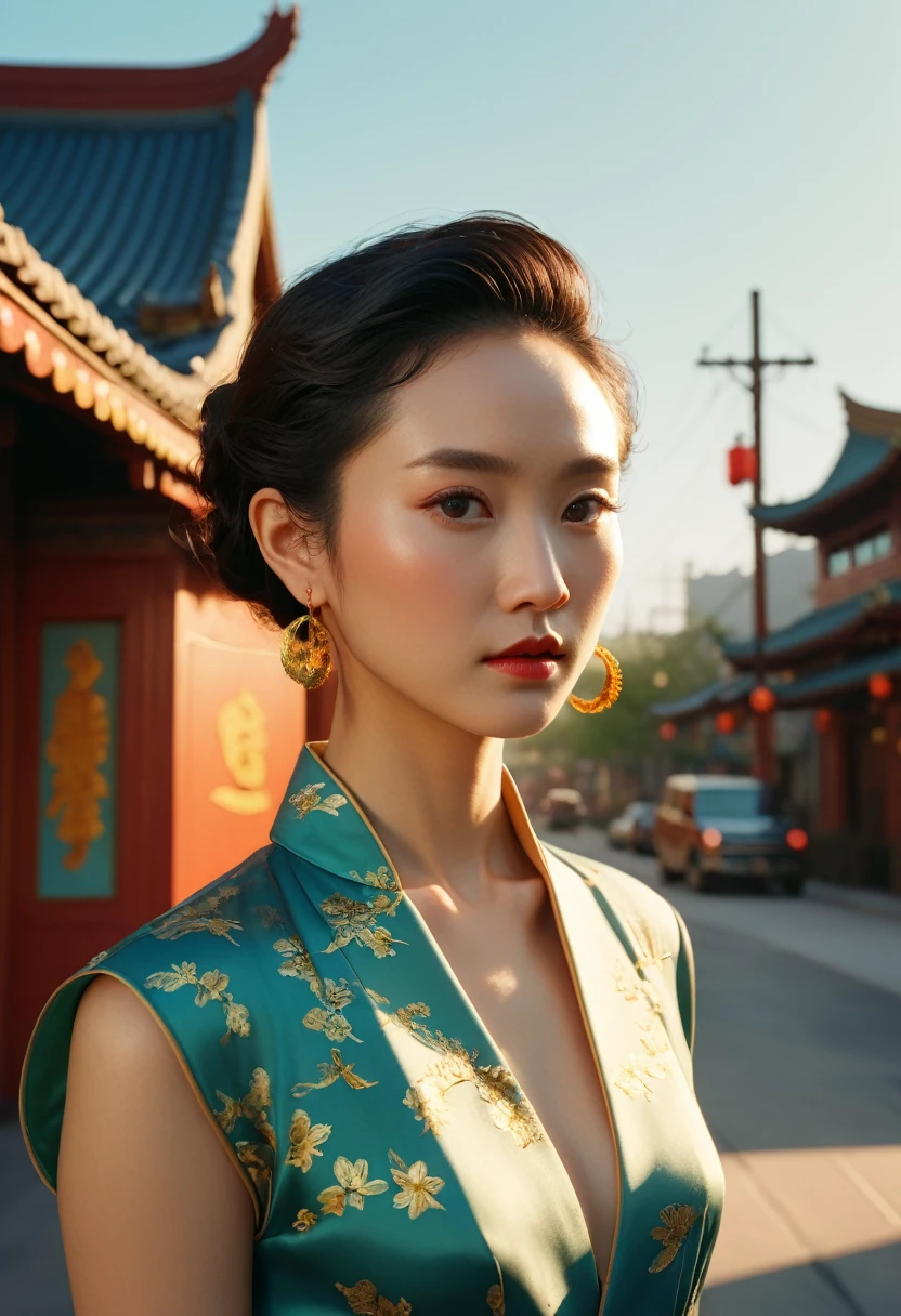 profile picture design,Chinese,studio light,Best quality,HDR,UHD,16K,high resolution,unreal engine 5,ultra-detailed,octane rendering,Blender,photorealistic,3D rendering,hyper detailed,low saturation,cinematic style,Tran Nguyen,Zhang Xiaogang,Zhang Kechun,Woody Allen,poppunk outfit,Golden hour light,sky background,Zac Posen,Headshot,Kodak Ektachrome E100,Kodak Portra 400,Wes Anderson style,Van Gogh style