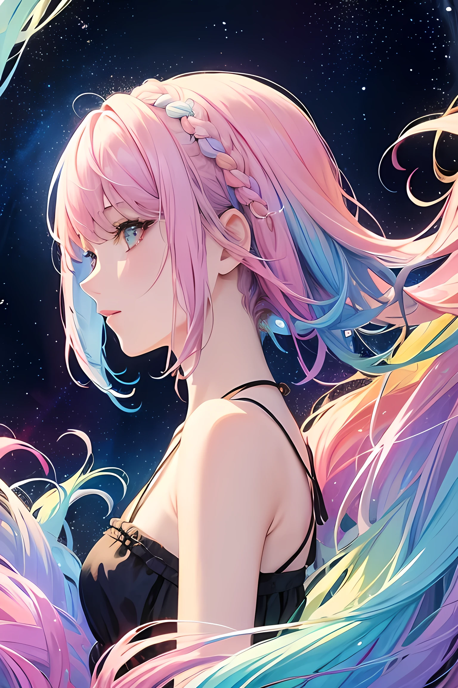 (masterpiece, Highest quality, Highest quality,watercolor (Moderate),Official Art, beautifully、aesthetic:1.2),(One girl:1.3), (Fractal Art:1.3),Upper Body, From the side, View your viewers,pattern,(Rainbow Hair,colorful hair,Half Blue、Half pink hair:1.2),water,liquid, cloud,colorful, Starry sky,performer,