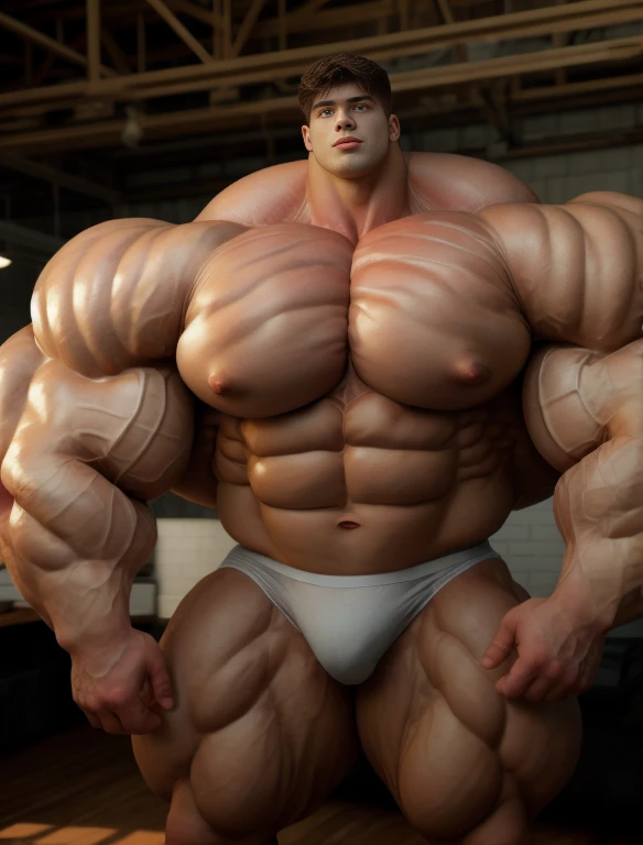 1boy, giant, alone, giant bodybuilder, illuminating light, strong body, bulk, large size, standing in whiet photo studio, indoor, nude, white triangular underwear, thick bulge, scratch his bulge, extraordinary big, brutalmass, giant muscular body, bulk, buff, massive body, large meaty body size, extremely wide body
