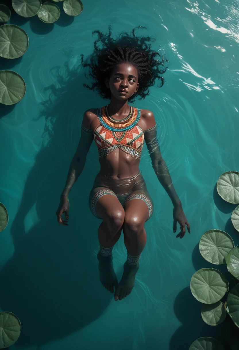 Full-length woman in the fetal position, facing forward, floating in the water, low lighting from above in a turquoise tone, with black features, with African patterns painted all over her body, with black eyes and white pupils